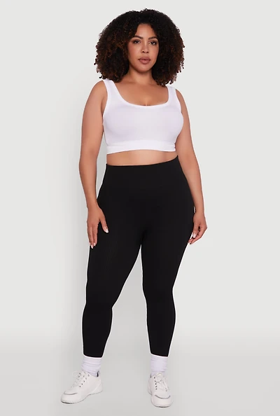 Womens Plus Size High Waisted Ribbed Knit Fleece Lined Leggings, Black, Size 2X-3X