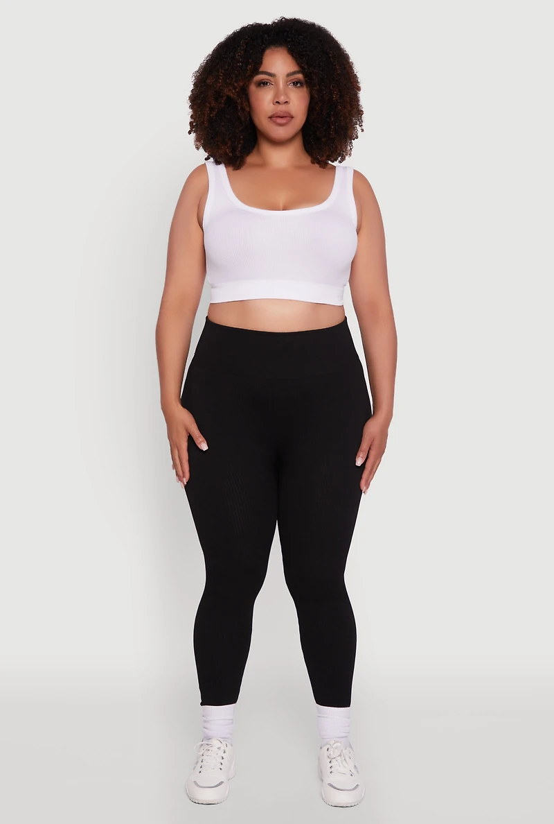 Womens Plus Size High Waisted Ribbed Knit Fleece Lined Leggings, Black, Size 2X-3X