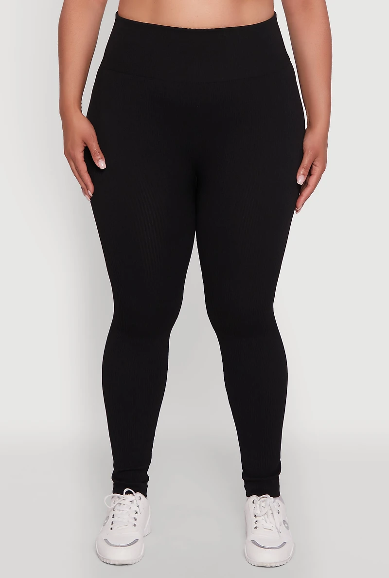 Womens Plus Size High Waisted Ribbed Knit Fleece Lined Leggings, Black, Size 2X-3X