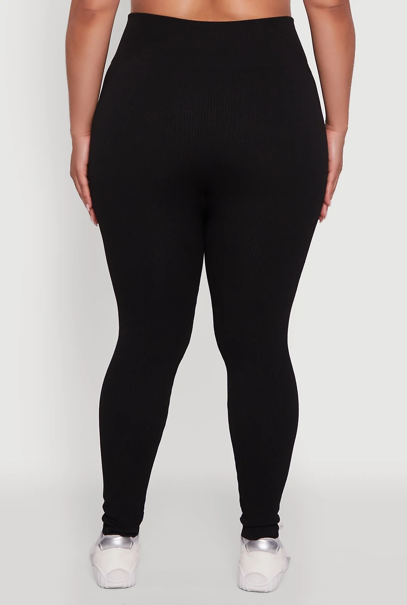 Plus High Waisted Ribbed Knit Fleece Lined Leggings