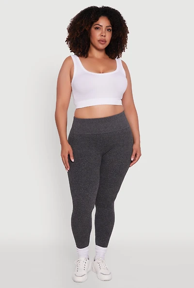 Womens Plus Size High Waisted Ribbed Knit Fleece Lined Leggings, Grey, Size 2X-3X