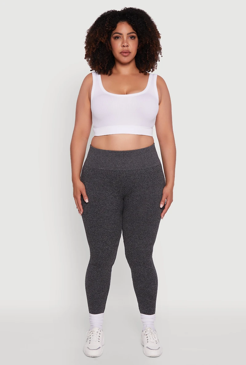 Womens Plus Size High Waisted Ribbed Knit Fleece Lined Leggings, Grey, Size 2X-3X
