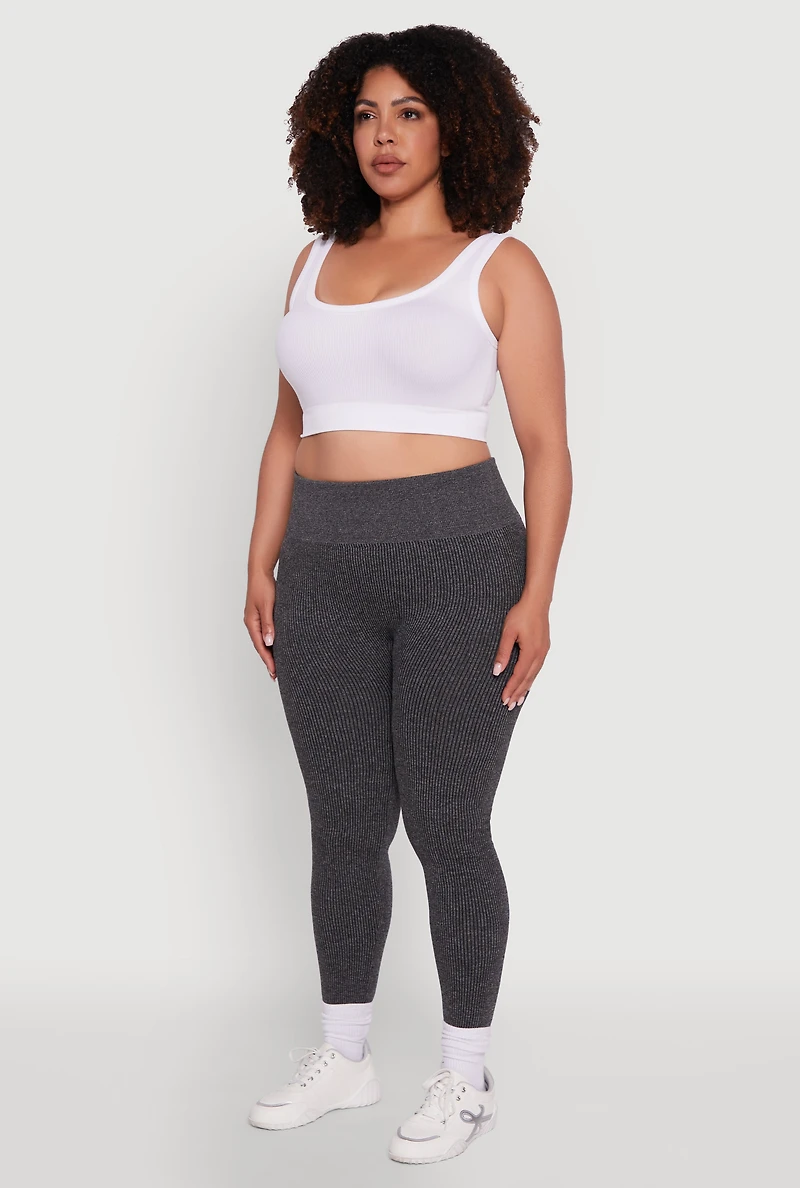 Womens Plus Size High Waisted Ribbed Knit Fleece Lined Leggings, Grey, Size 2X-3X
