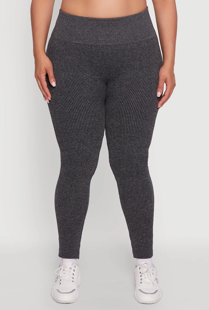 Womens Plus Size High Waisted Ribbed Knit Fleece Lined Leggings, Grey, Size 2X-3X