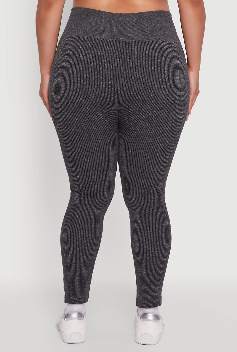 Womens Plus Size High Waisted Ribbed Knit Fleece Lined Leggings, Grey, Size 2X-3X