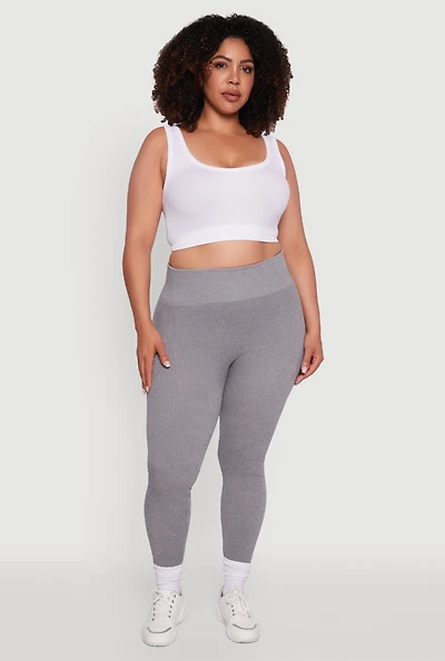 Womens Plus Size High Waisted Ribbed Knit Fleece Lined Leggings, Grey, Size 2X-3X