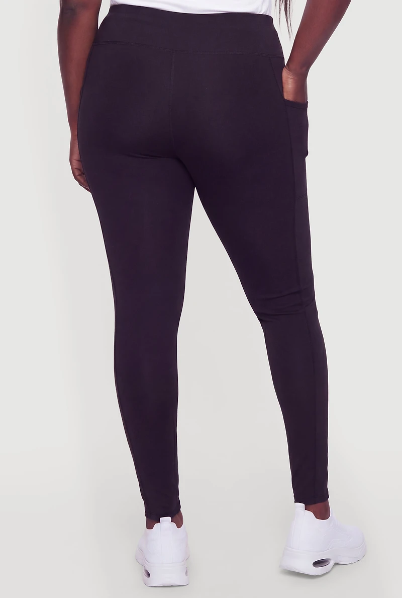 Plus High Waist Solid Leggings with Cell Phone Pockets