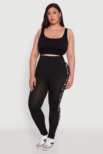 Womens Plus Size High Waisted Leggings with Good Vibes Graphic, Black, Size 2X-3X