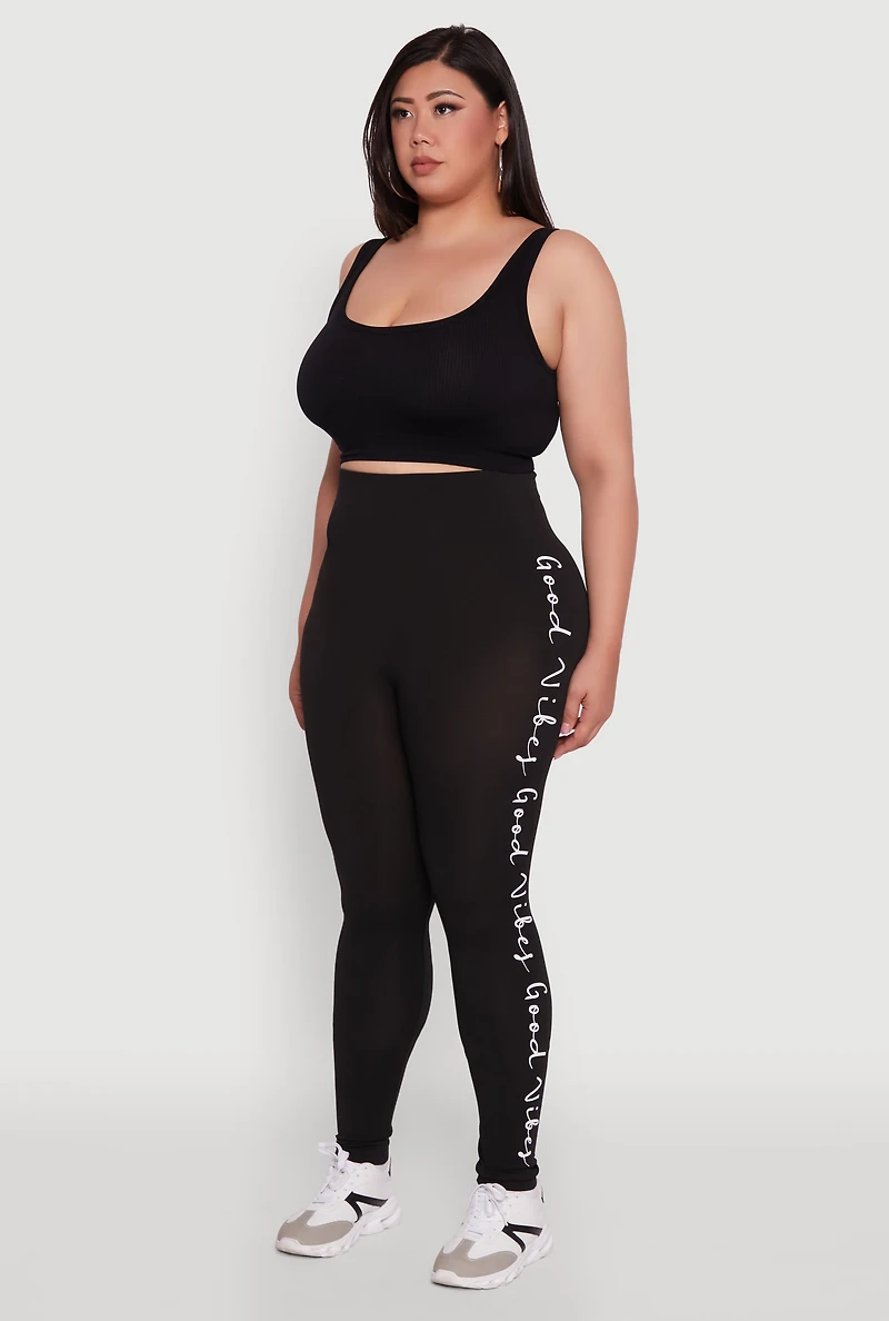 Womens Plus Size High Waisted Leggings with Good Vibes Graphic, Black, Size 2X-3X