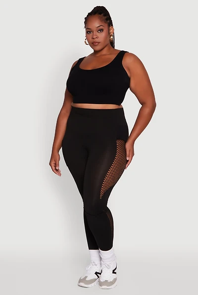 Womens Plus Size Side Pocket Leggings with Fishnet Detail, Black, Size 2X-3X