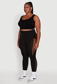Womens Plus Size Side Pocket Leggings with Fishnet Detail, Black, Size 1X-2X