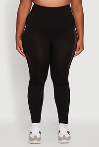 Womens Plus Size Side Pocket Leggings with Fishnet Detail, Black, Size 1X-2X