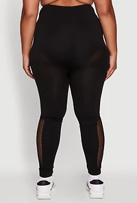 Womens Plus Size Side Pocket Leggings with Fishnet Detail, Black, Size 1X-2X