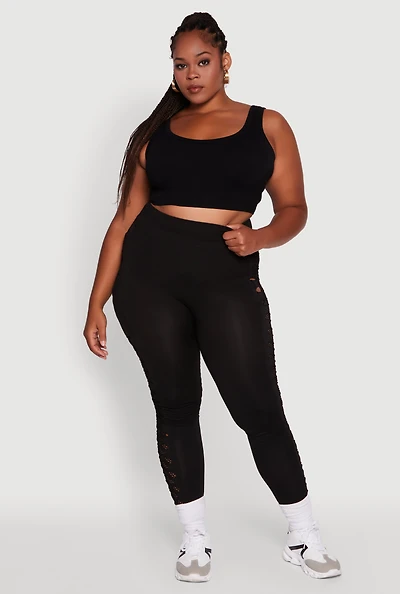 Womens Plus Size High Waisted Leggings with Fishnet Detail, Black, Size 1X-2X