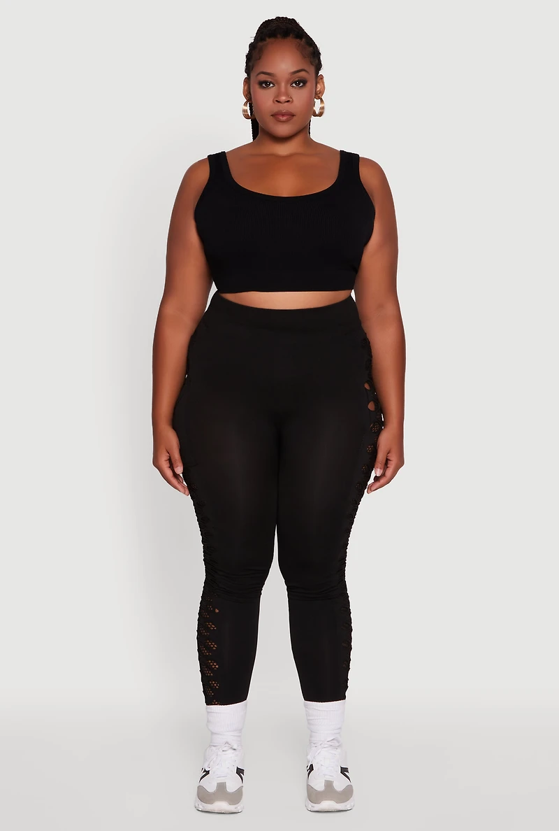Womens Plus Size High Waisted Leggings with Fishnet Detail, Black, Size 1X-2X