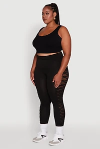 Womens Plus Size High Waisted Leggings with Fishnet Detail, Black, Size 1X-2X
