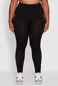 Womens Plus Size High Waisted Leggings with Fishnet Detail, Black, Size 1X-2X