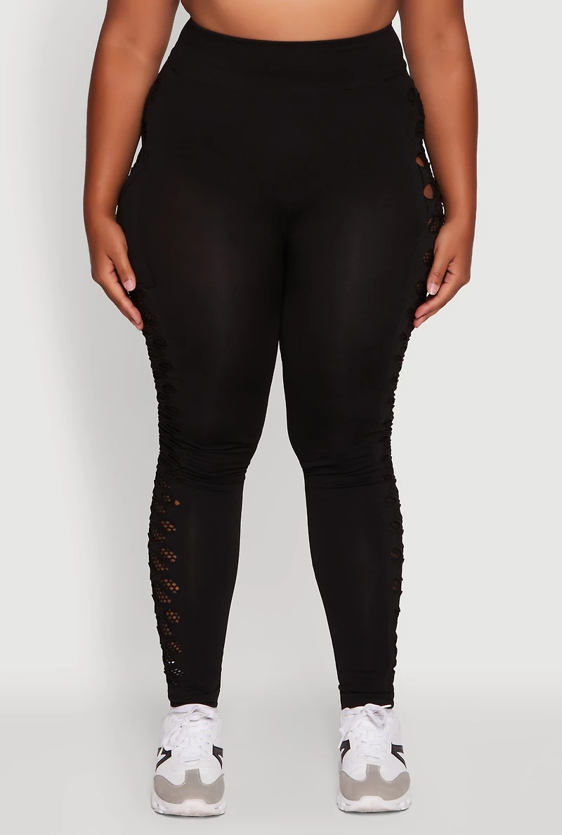 Womens Plus Size High Waisted Leggings with Fishnet Detail, Black, Size 1X-2X
