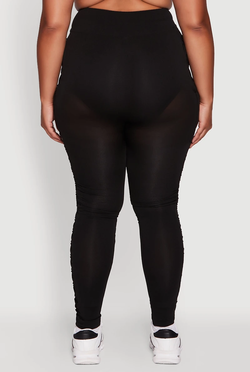 Womens Plus Size High Waisted Leggings with Fishnet Detail, Black, Size 1X-2X
