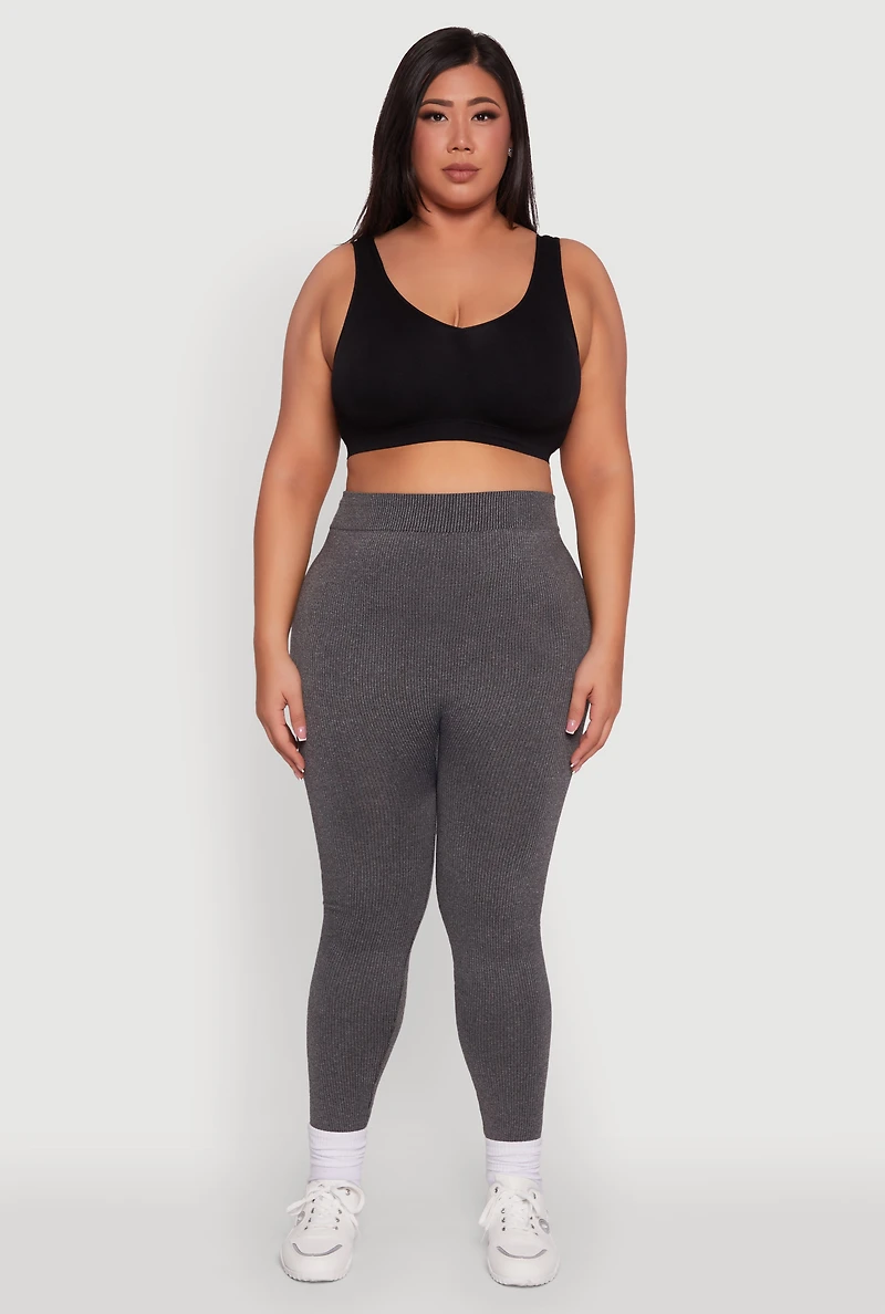 Womens Plus Size Seamless Rib Knit Push Up High Waisted Leggings, Grey, Size 2X-3X