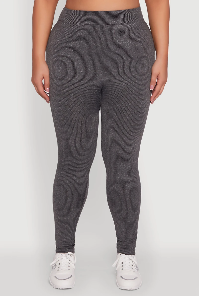 Womens Plus Size Seamless Rib Knit Push Up High Waisted Leggings, Grey, Size 2X-3X