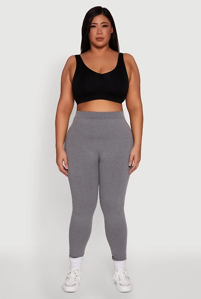 Womens Plus Seamless Rib Knit Push Up High Waisted Leggings,