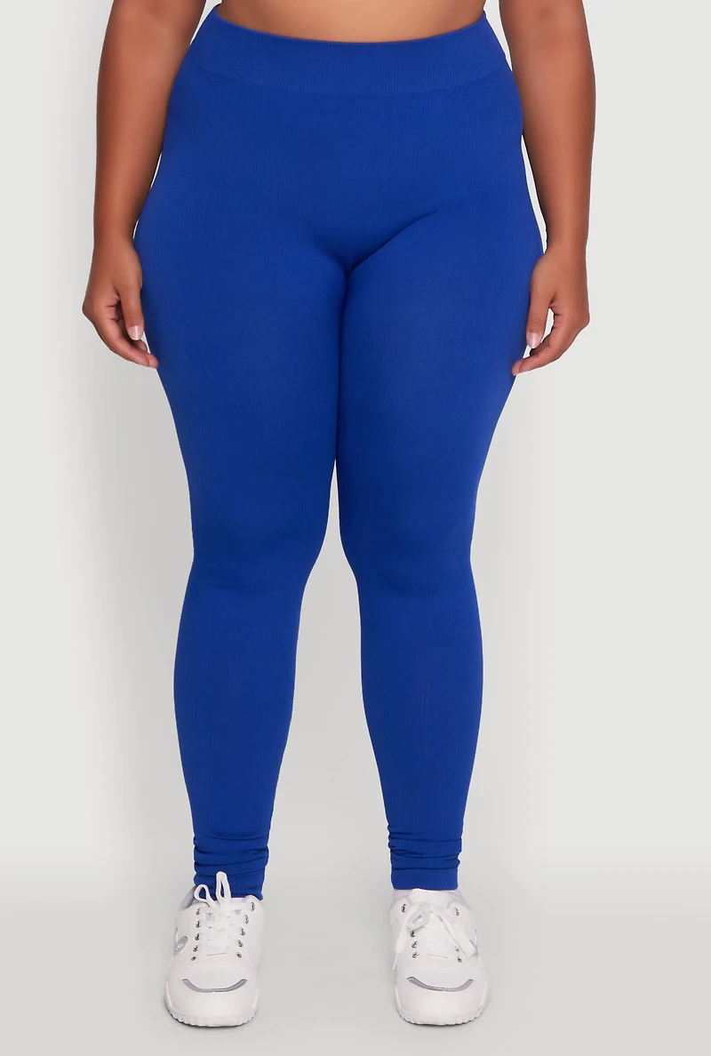 Womens Plus Seamless Rib Knit Push Up High Waisted Leggings,