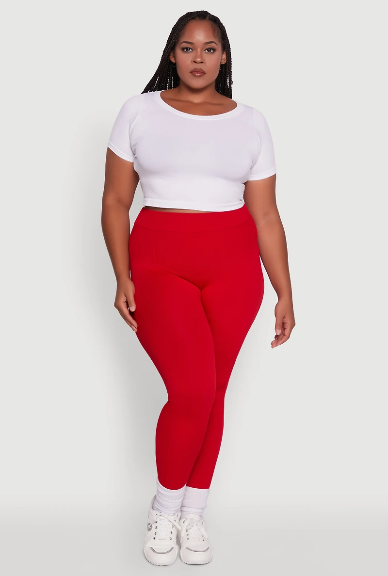 Womens Plus Size Seamless Rib Knit Push Up High Waisted Leggings, Red, Size 1X-2X