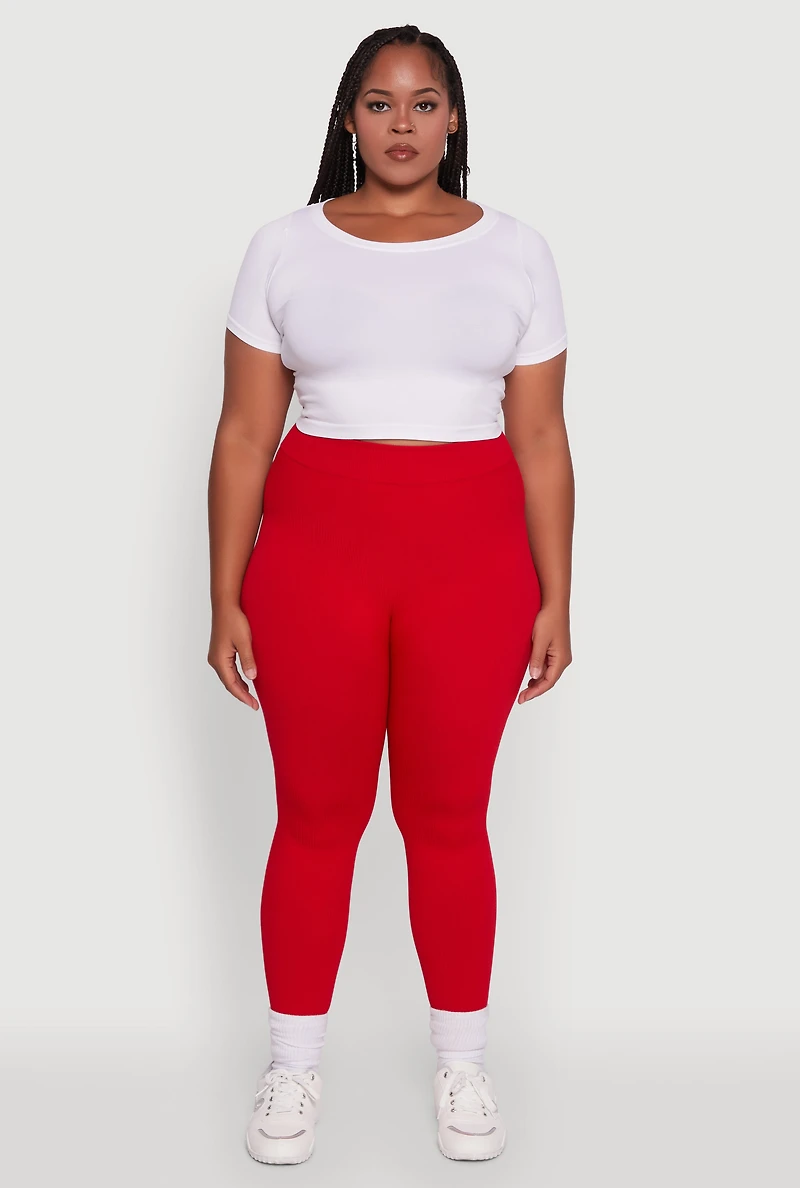 Womens Plus Size Seamless Rib Knit Push Up High Waisted Leggings, Red, Size 1X-2X