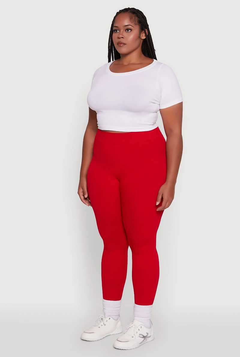 Womens Plus Size Seamless Rib Knit Push Up High Waisted Leggings, Red, Size 1X-2X