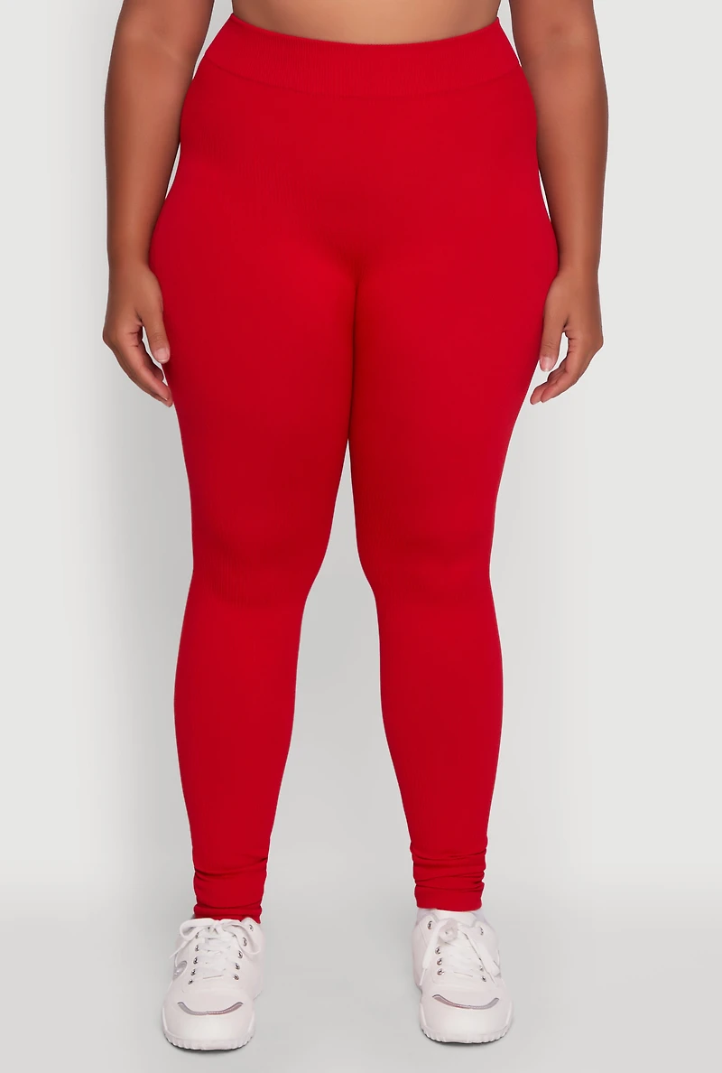 Womens Plus Size Seamless Rib Knit Push Up High Waisted Leggings, Red, Size 1X-2X