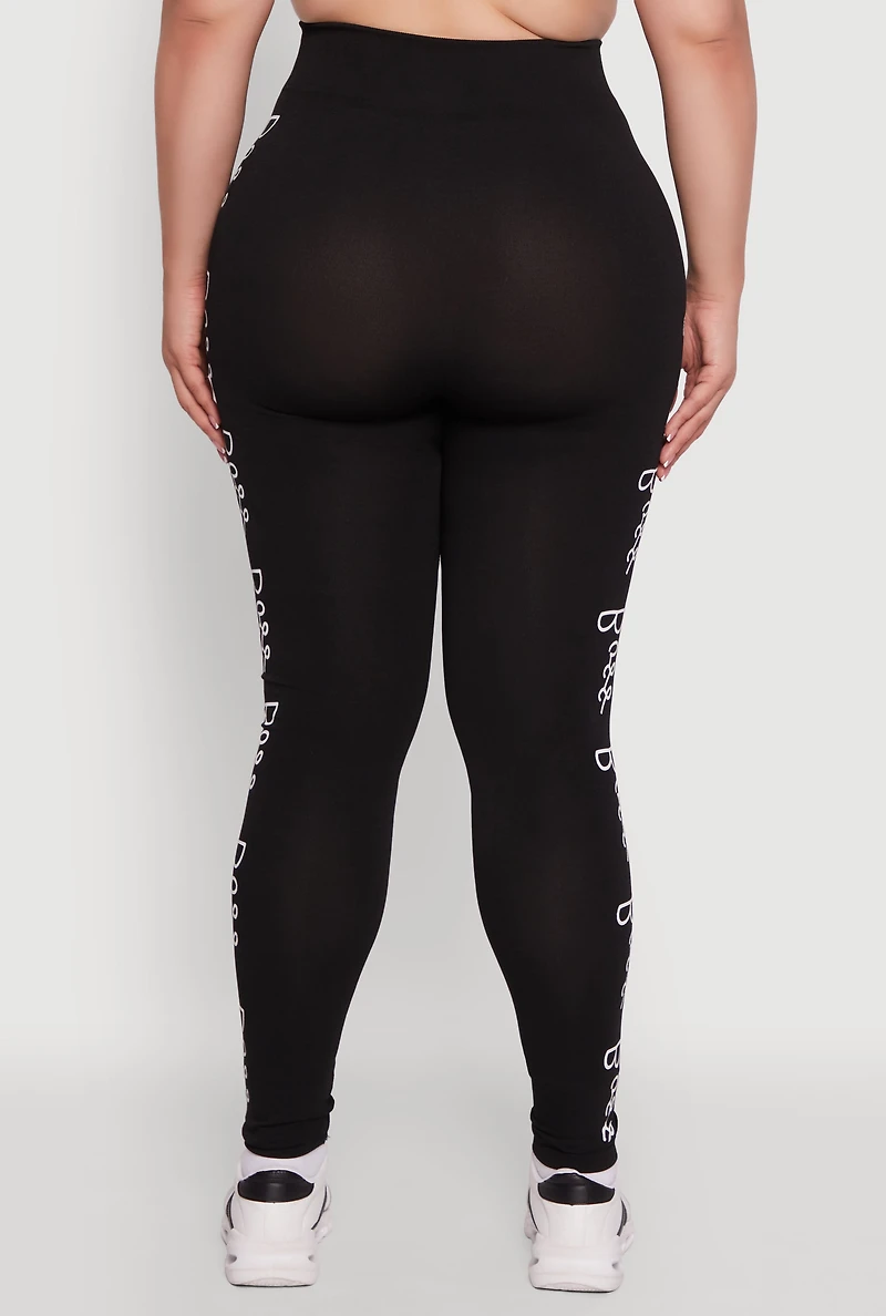Womens Plus Boss Graphic High Waisted Leggings, Black,