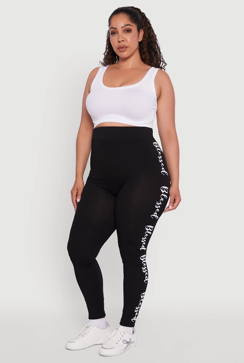 Womens Plus Seamless Blessed Graphic Leggings, Black,