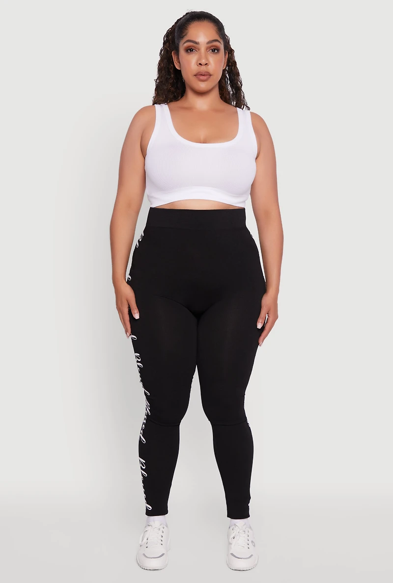 Womens Plus Seamless Blessed Graphic Leggings, Black,
