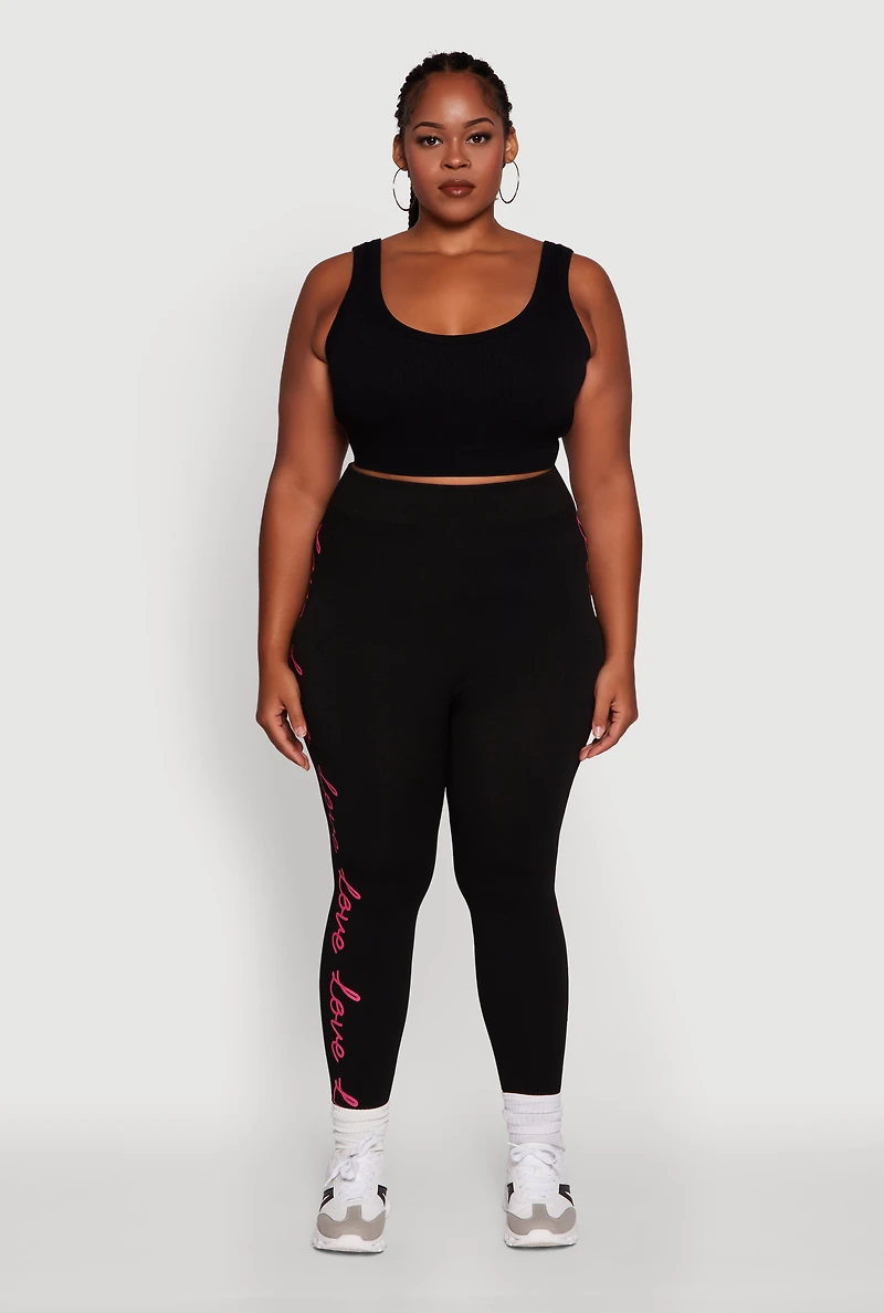 Womens Plus Size High Waisted Love Graphic Seamless Leggings, Black, Size 1X-2X