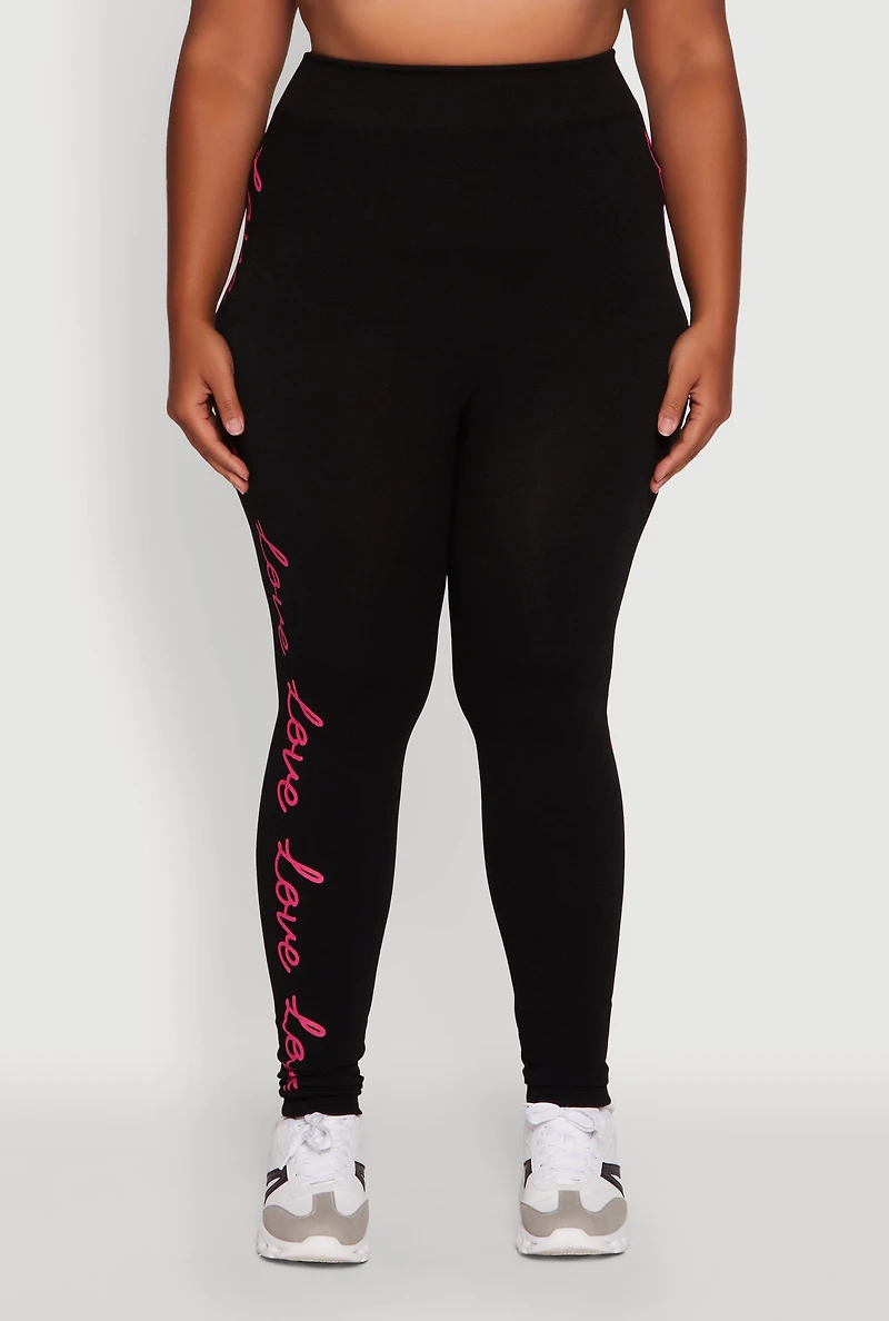 Womens Plus Size High Waisted Love Graphic Seamless Leggings, Black, Size 1X-2X