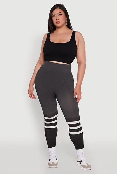 Womens Plus Size Color Blocked Marled Stripe Detail Leggings, Grey, Size 1X-2X