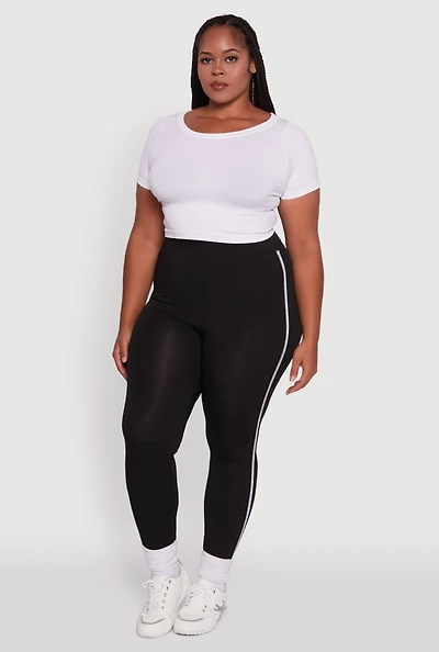 Womens Plus Size Seamless Lurex Side Stripe Leggings, Black, Size 1X-2X