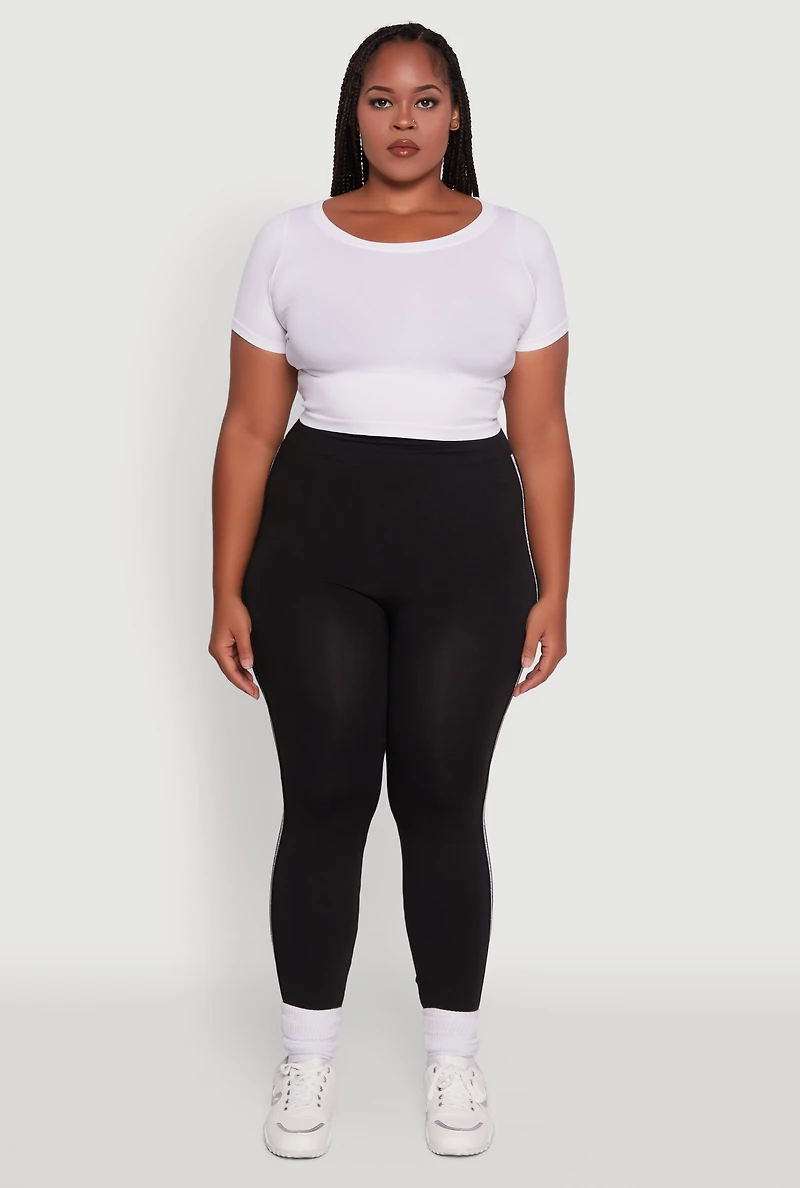 Womens Plus Size Seamless Lurex Side Stripe Leggings, Black, Size 1X-2X