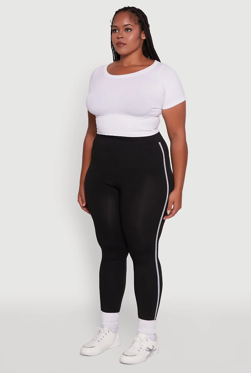 Womens Plus Size Seamless Lurex Side Stripe Leggings, Black, Size 2X-3X
