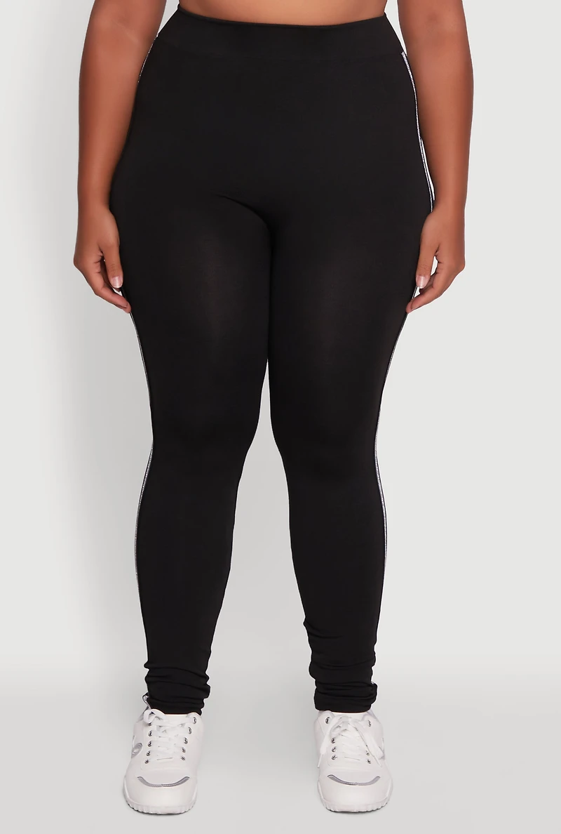 Womens Plus Size Seamless Lurex Side Stripe Leggings, Black, Size 1X-2X