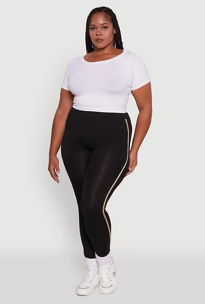 Womens Plus Size Seamless Lurex Side Stripe Leggings, Black, Size 2X-3X