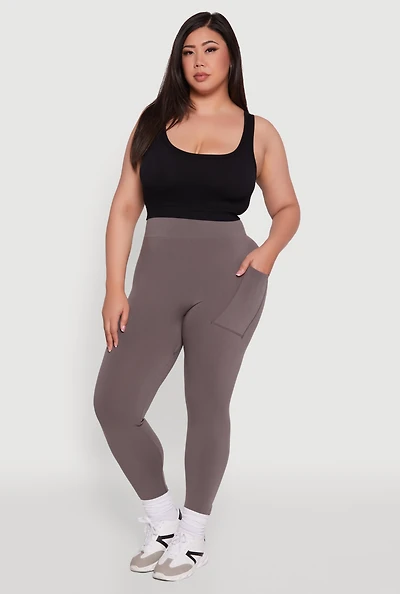 Womens Plus Size High Waist Leggings with Cell Phone Pocket, Grey, Size 1X-2X