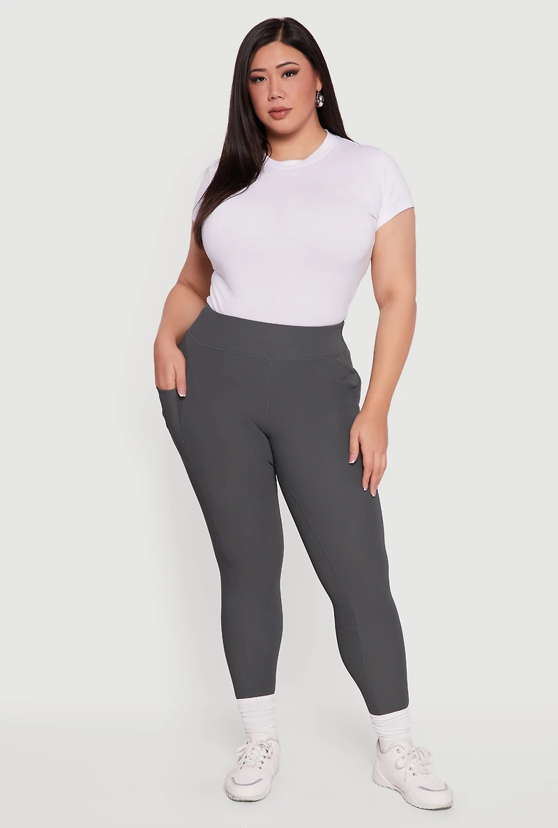 Womens Plus Rib Knit Leggings with Cell Phone Pocket, Grey,