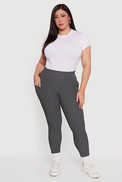 Womens Plus Rib Knit Leggings with Cell Phone Pocket, Grey,