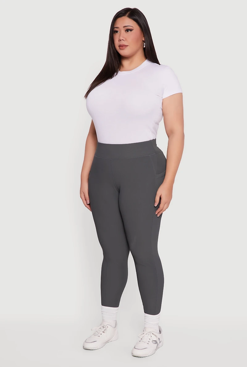 Womens Plus Rib Knit Leggings with Cell Phone Pocket, Grey,