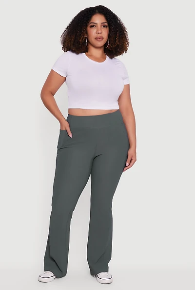 Womens Plus Size High Waisted Ribbed Knit Flare Leg Active Pants, Grey, Size 2X