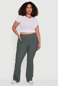 Womens Plus Size High Waisted Ribbed Knit Flare Leg Active Pants, Grey, Size 2X