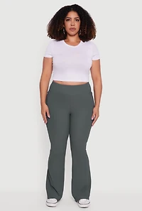 Womens Plus Size High Waisted Ribbed Knit Flare Leg Active Pants, Grey, Size 2X