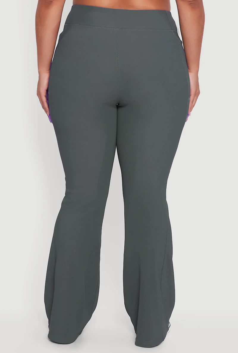 Womens Plus Size High Waisted Ribbed Knit Flare Leg Active Pants, Grey, Size 2X